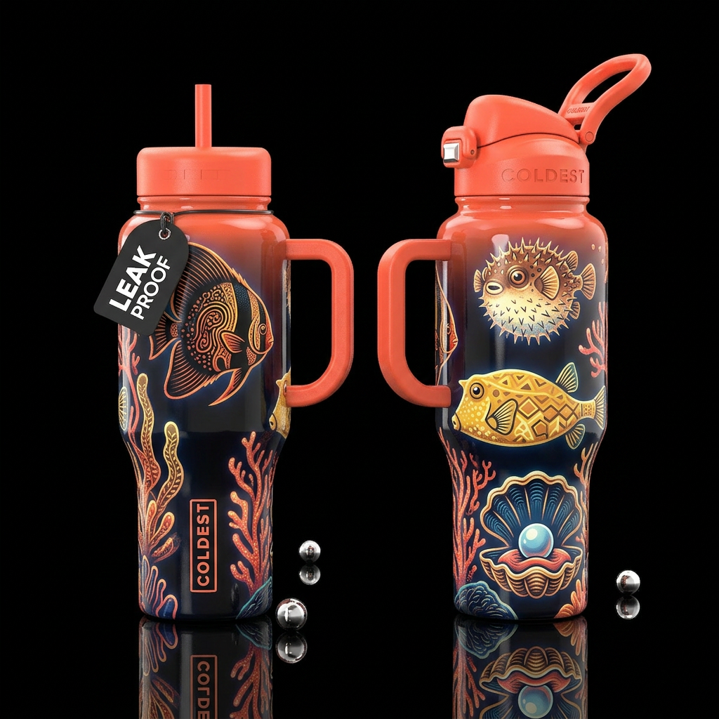 Black orange Batfish, spineybox pufferfish, yellow... water bottle design