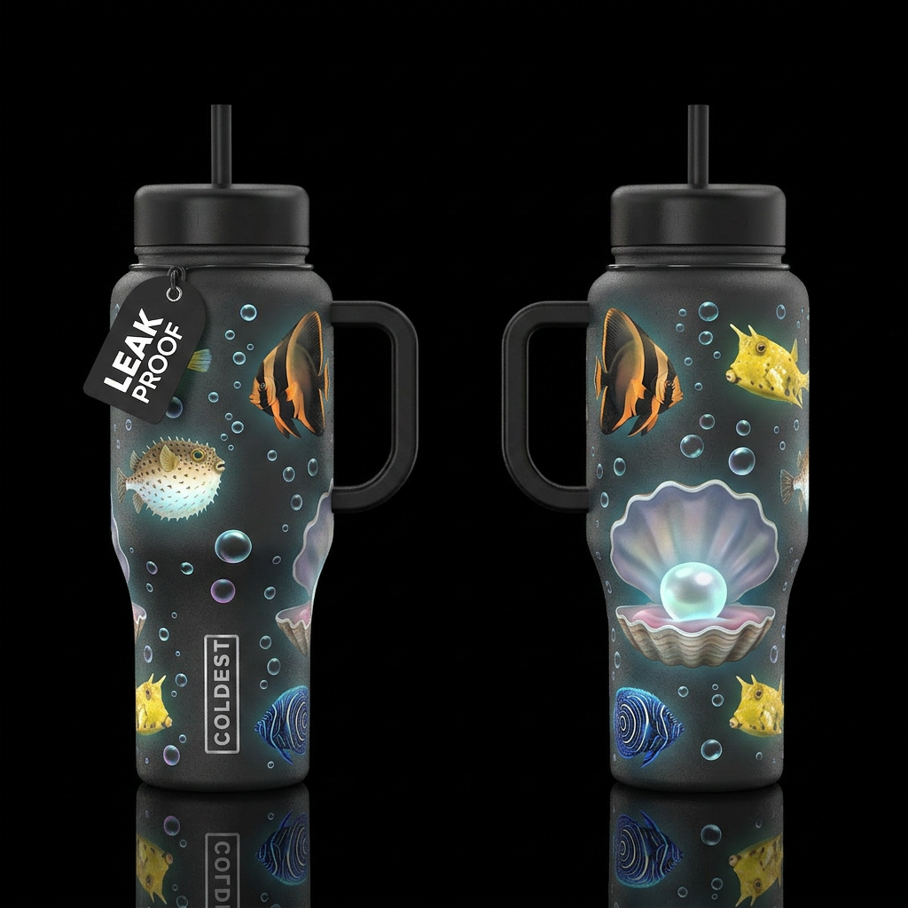 Black orange Batfish, spineybox pufferfish, yellow... water bottle design