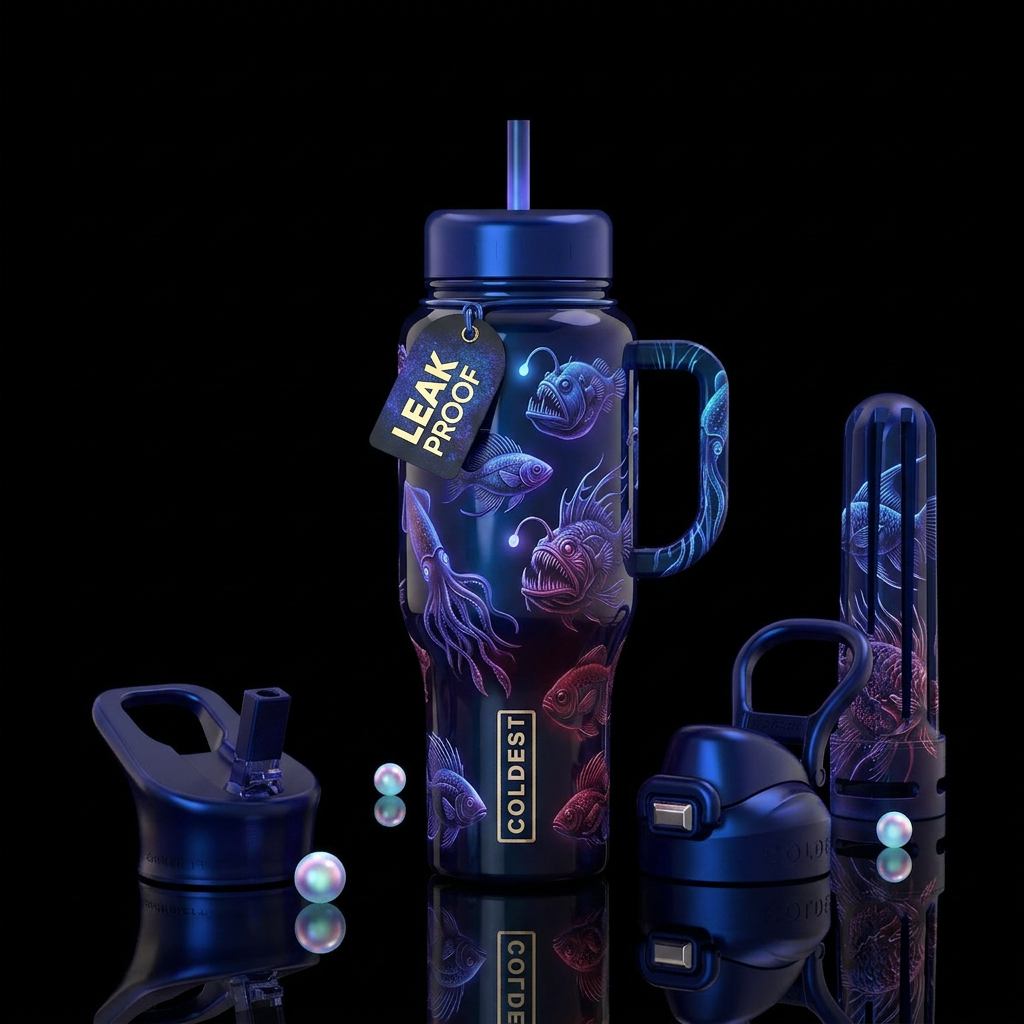 Ethereal mysterious fish, glossy, glowie, trompe-l... water bottle design