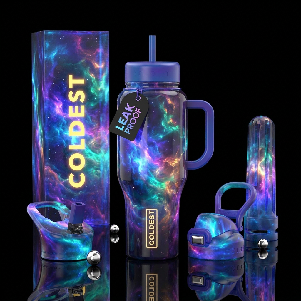 Ethereal ,mysterious, glossy, glowie, trompe-l'œil water bottle design