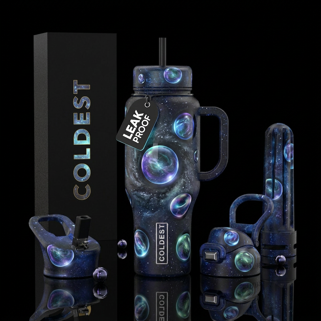 Ethereal ,darkness,mysterious, orbs,glossy, glowie... water bottle design