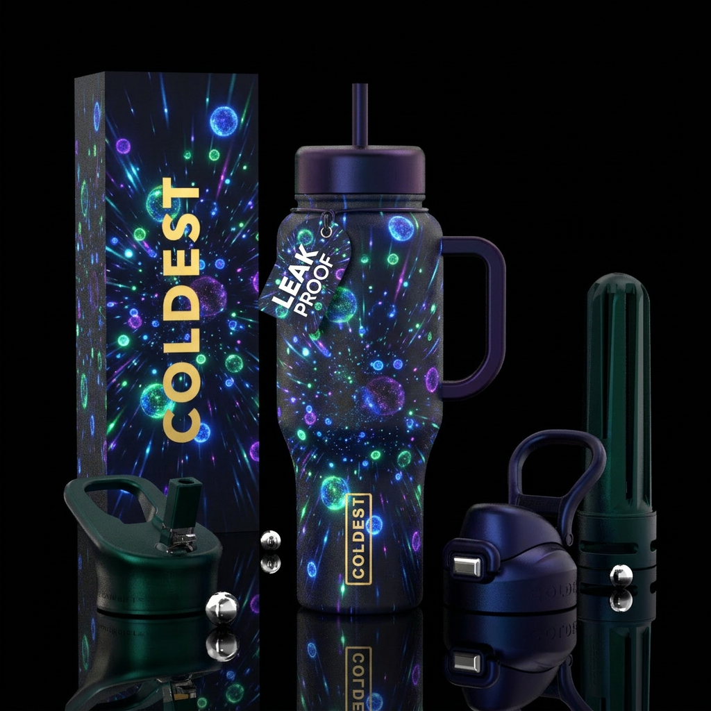 Ethereal ,darkness,mysterious, orbs,glossy, glowie... water bottle design