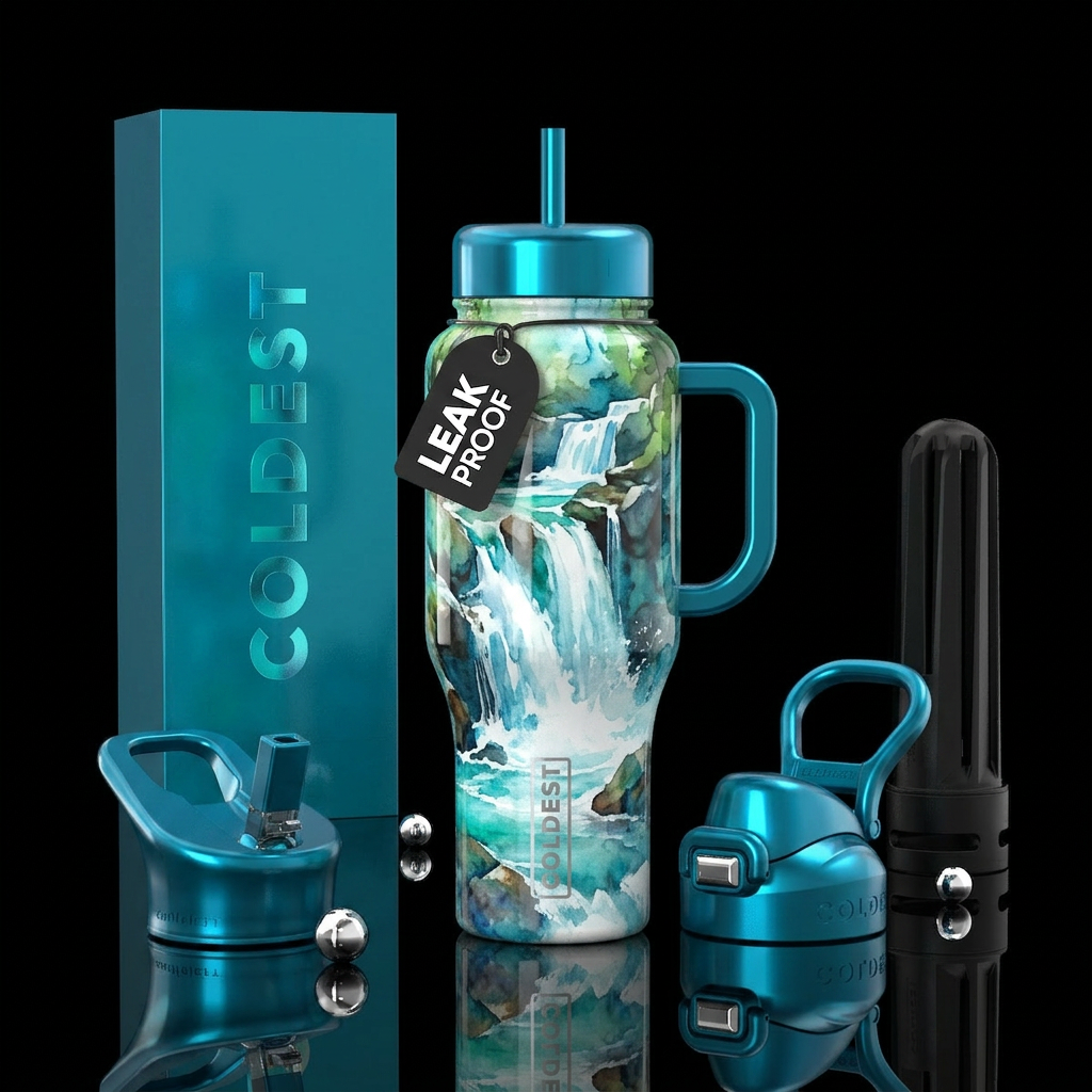 Watercolor waterfall, glossy water bottle design