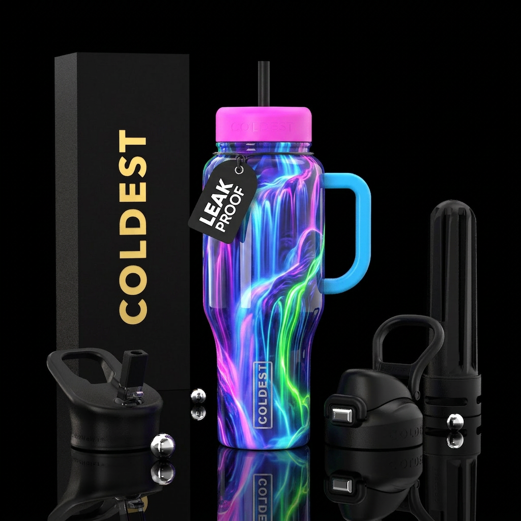 Neon waterfall, glossy water bottle design