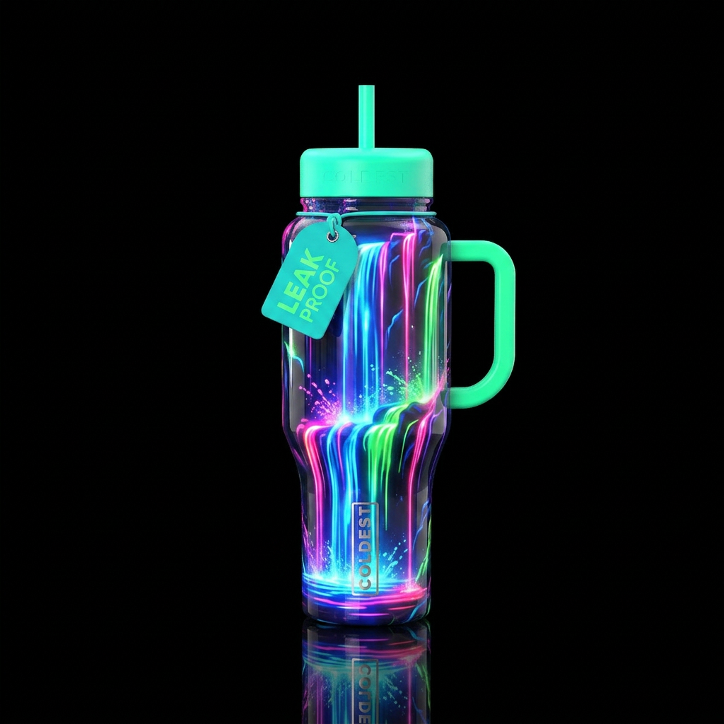 Neon waterfall, glossy water bottle design