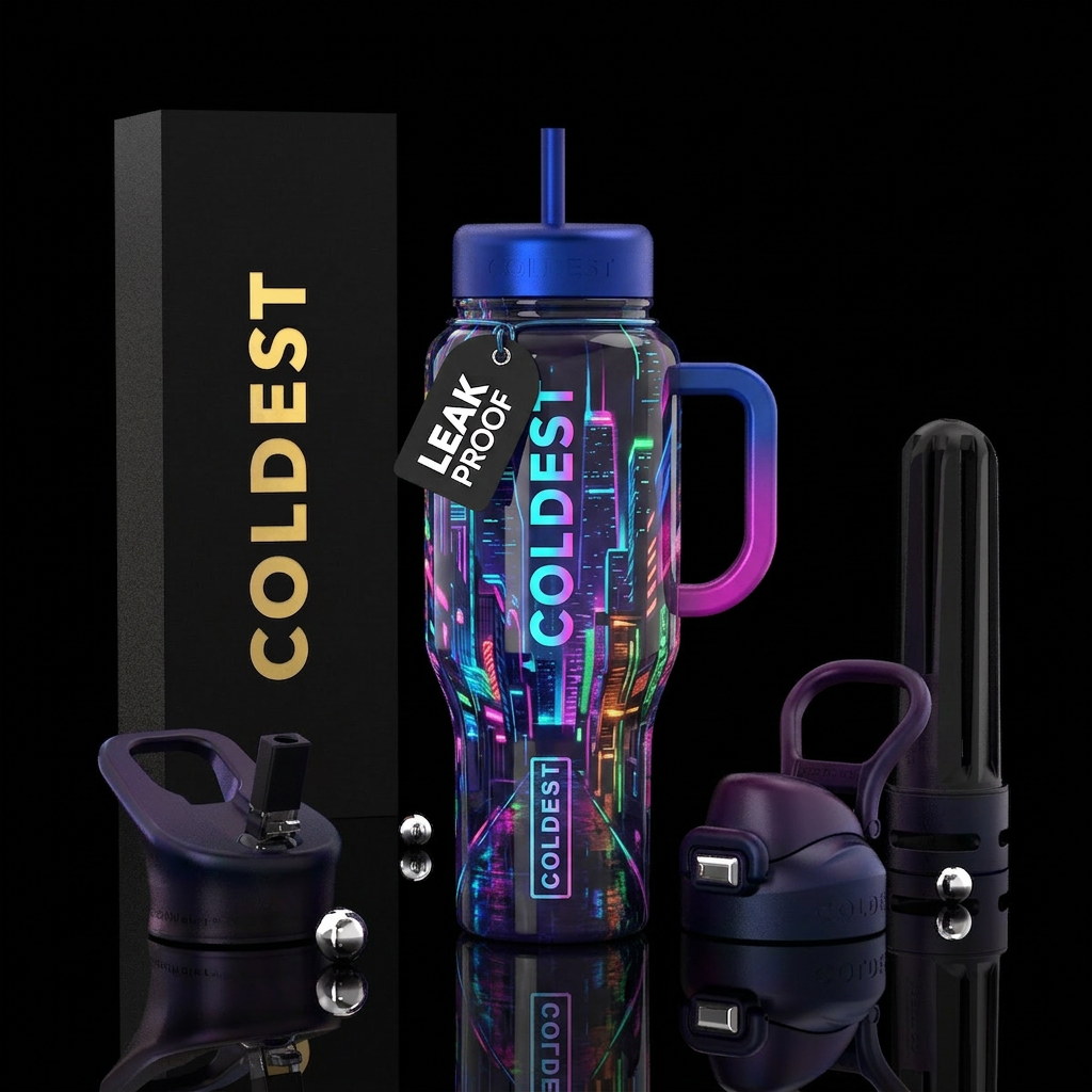 Neon lights cityscape, glossy water bottle design