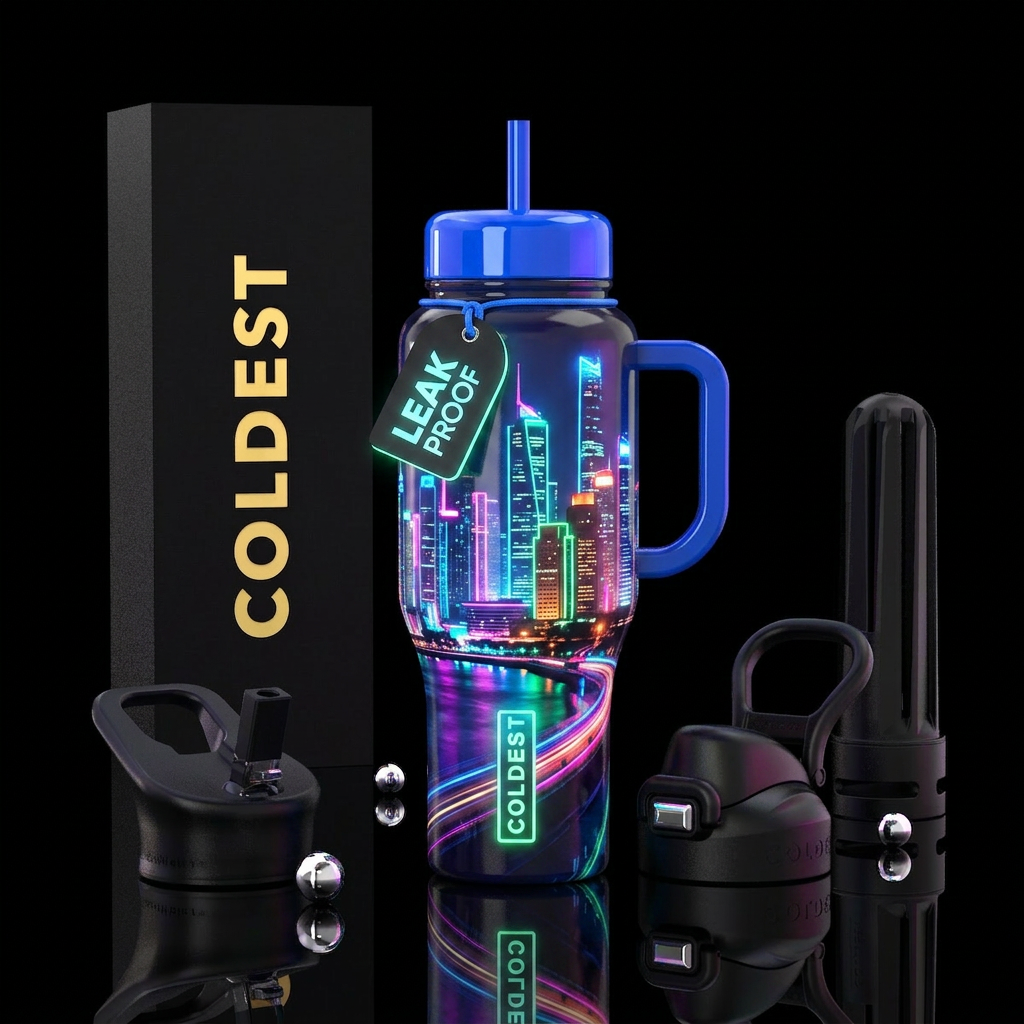 Neon lights cityscape, glossy water bottle design