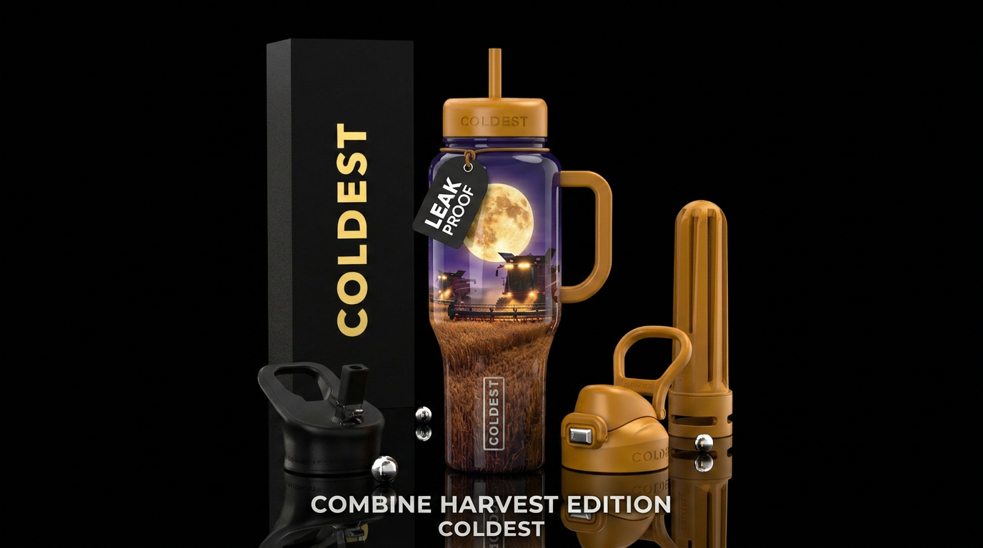 Combine in field harvesting under a harvest moon, ... water bottle design