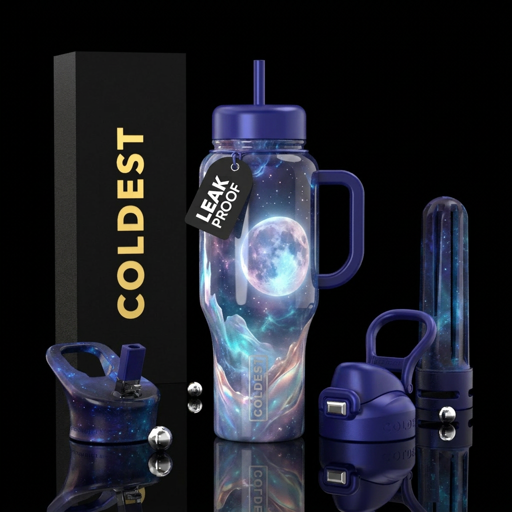 Snow moon, glossy, glowie, trompe-l'œil water bottle design