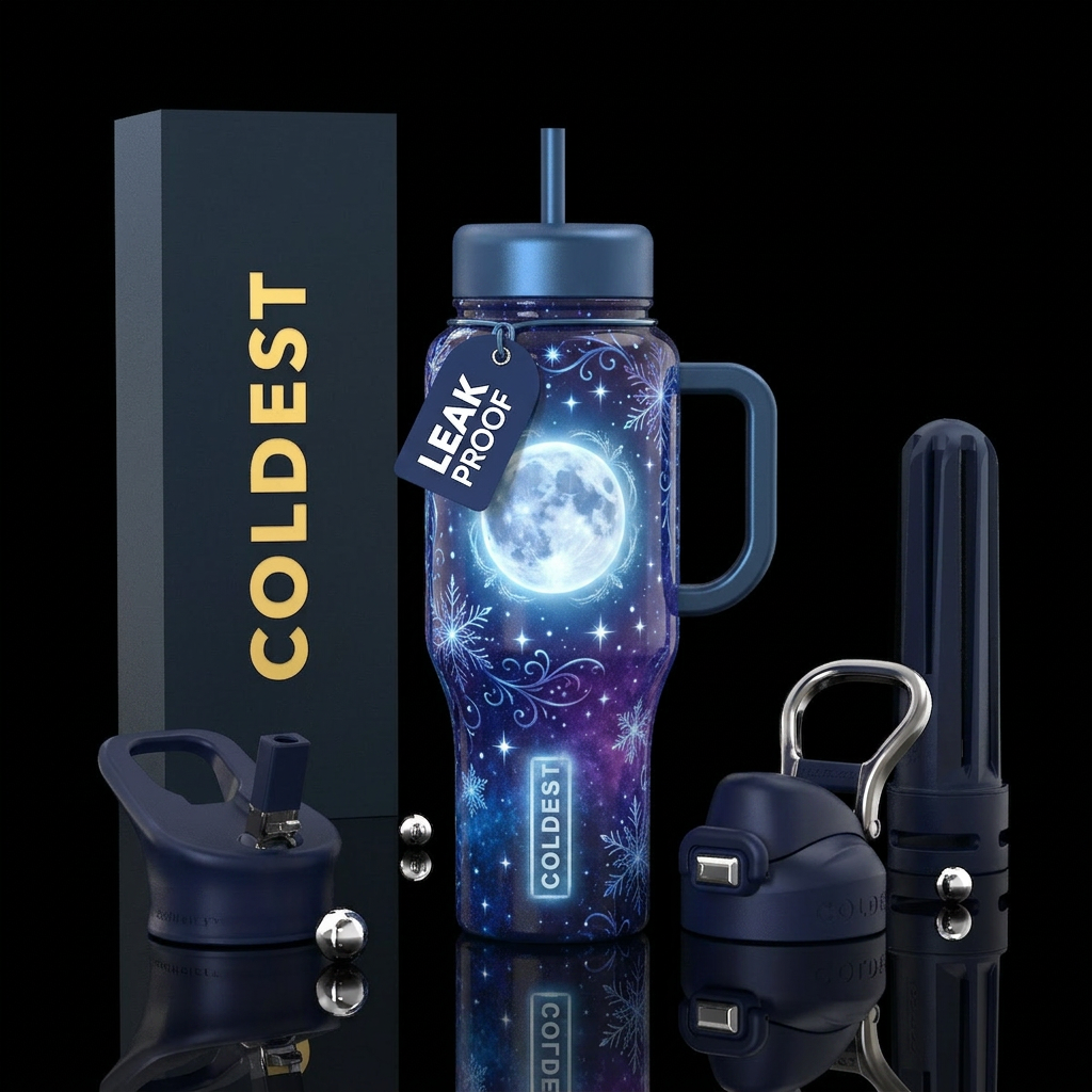 Snow moon, glossy, glowie, trompe-l'œil water bottle design