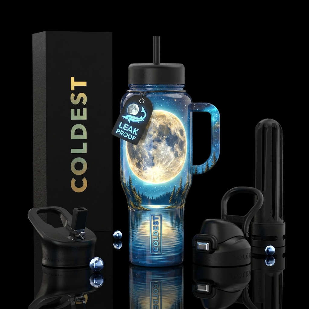Sturgeon moon, glossy, glowie, trompe-l'œil water bottle design