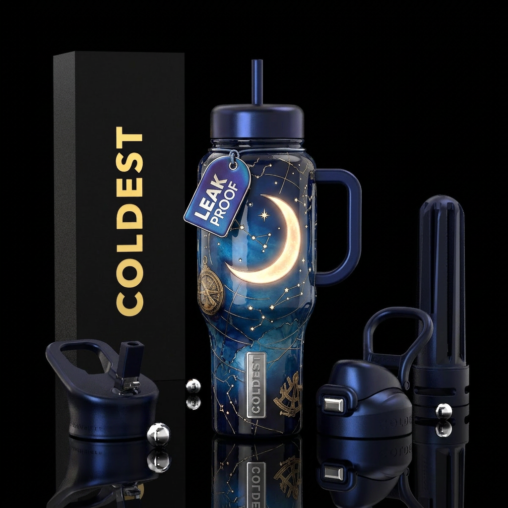 Travel moon, glossy, glowie, trompe-l'œil water bottle design