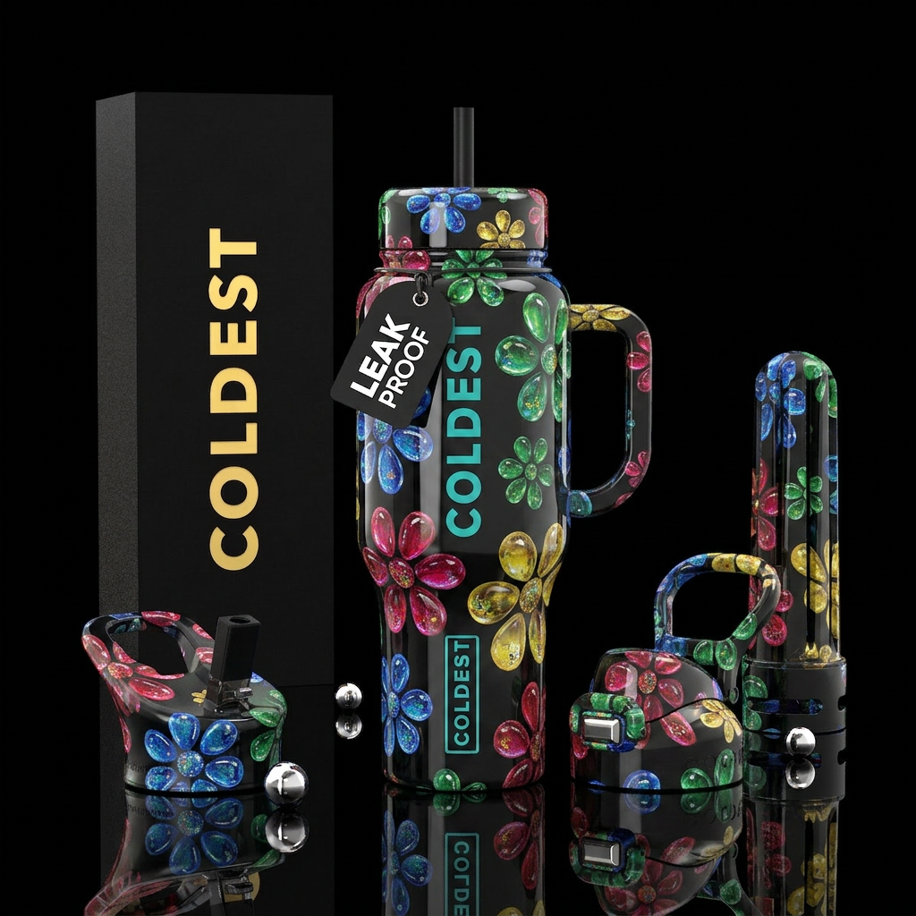 Waterdrop flowers, glossy,trompe-l'œil water bottle design