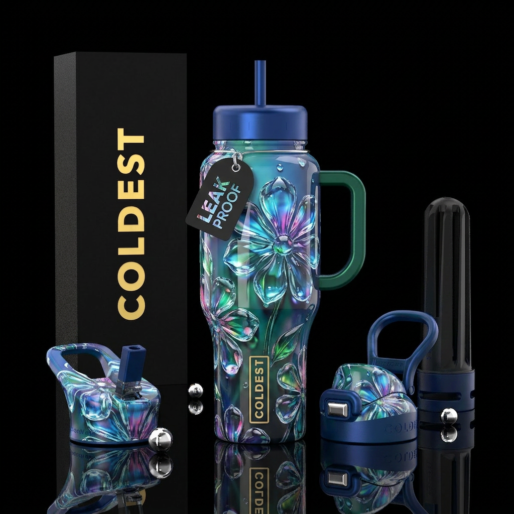 Clear Waterdrop flowers, glossy,trompe-l'œil water bottle design