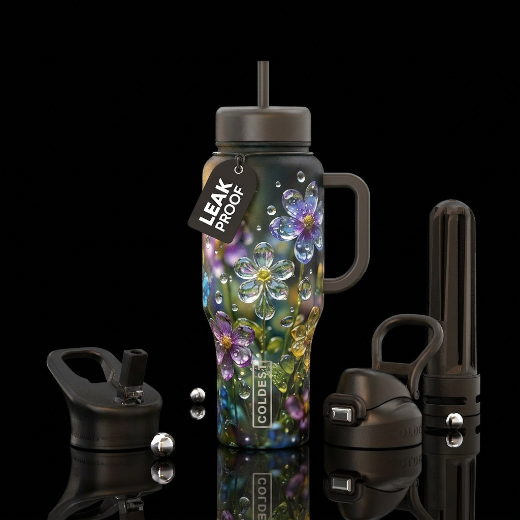 Clear Waterdrop flowers,garden background, glossy,... water bottle design