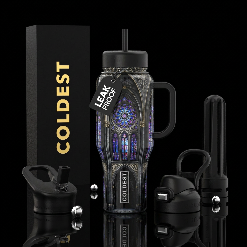 immersive Gothic cathedral interior scene. The des... water bottle design