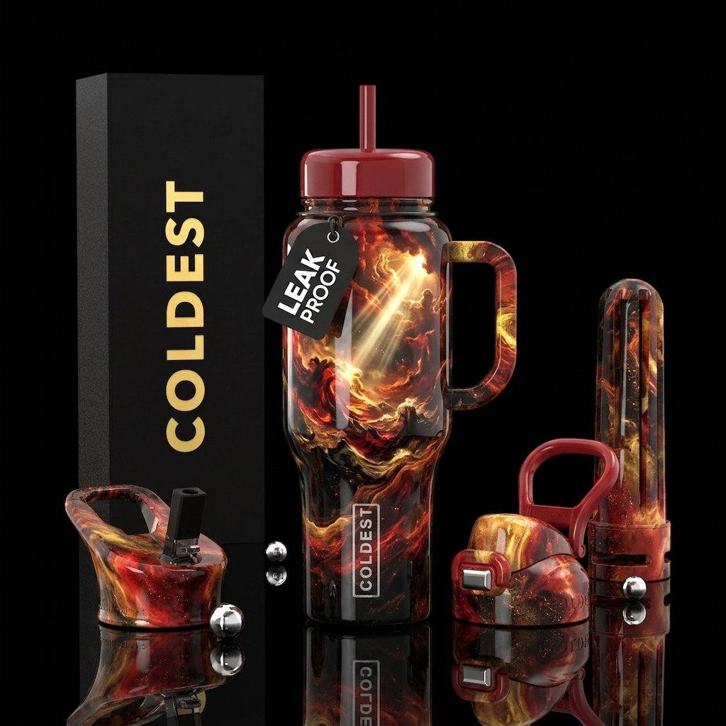 inspired by the Apocalyptic Sublime art style, pre... water bottle design