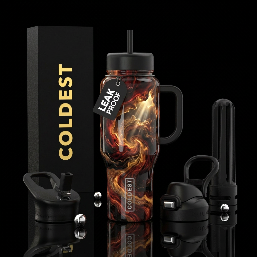 inspired by the Apocalyptic Sublime art style, pre... water bottle design