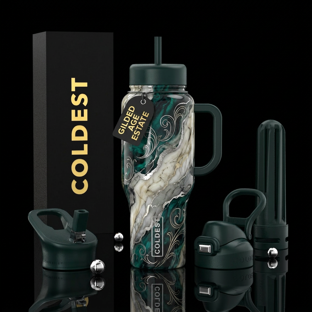 inspired by Gilded Age Estate opulence, emerald,pr... water bottle design