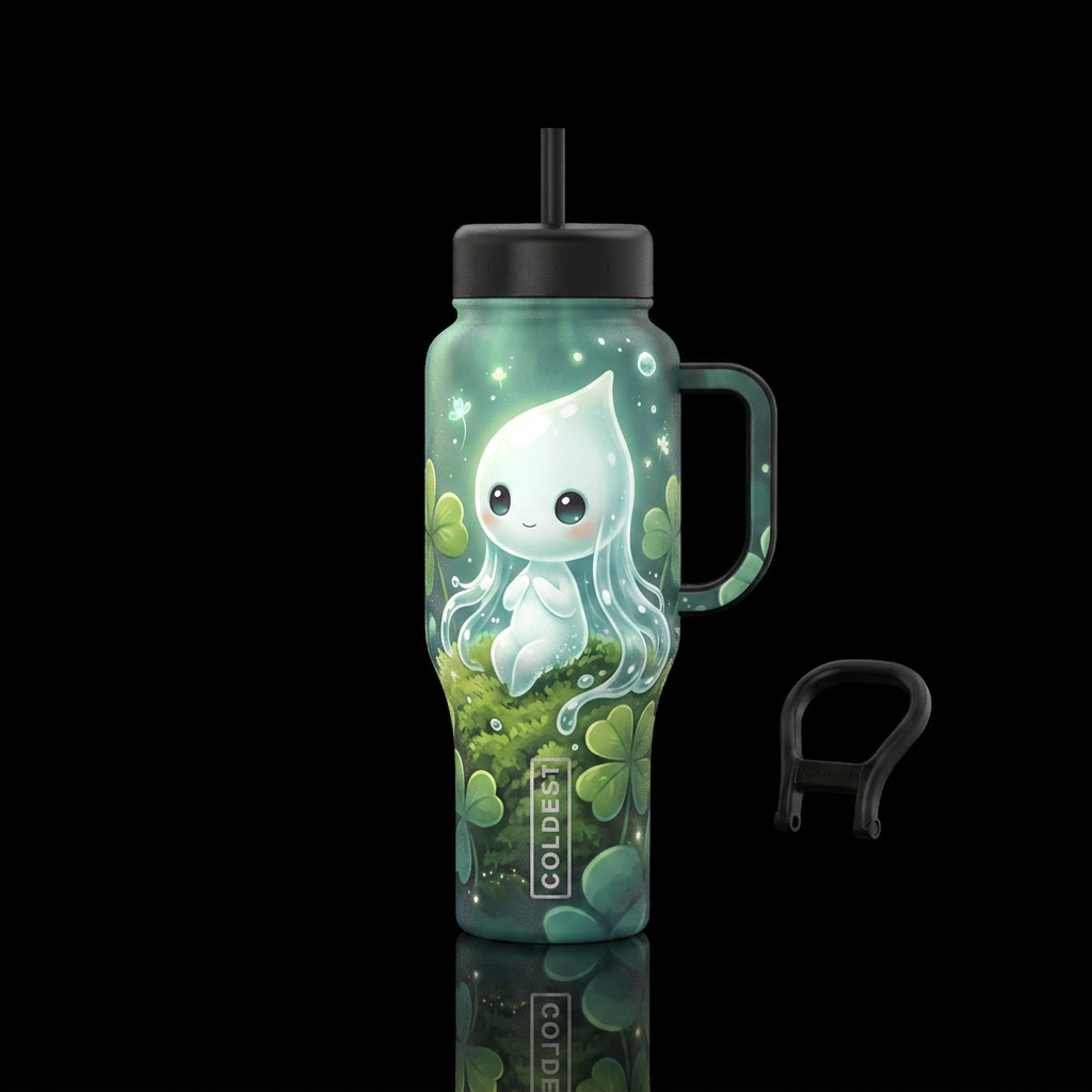 whimsical digital illustration of a cute, glowing ... water bottle design