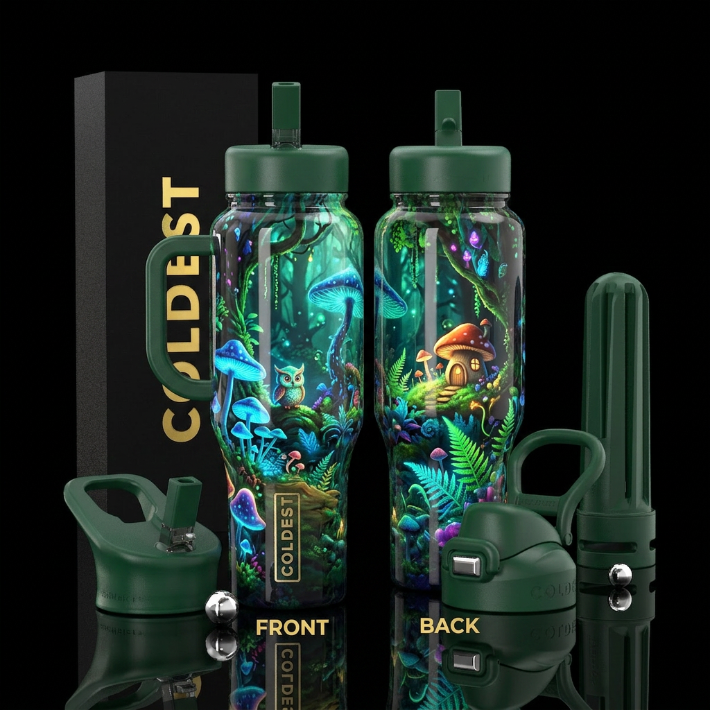 Enchanted forest, glossy, trompe-l'œil, show front... water bottle design