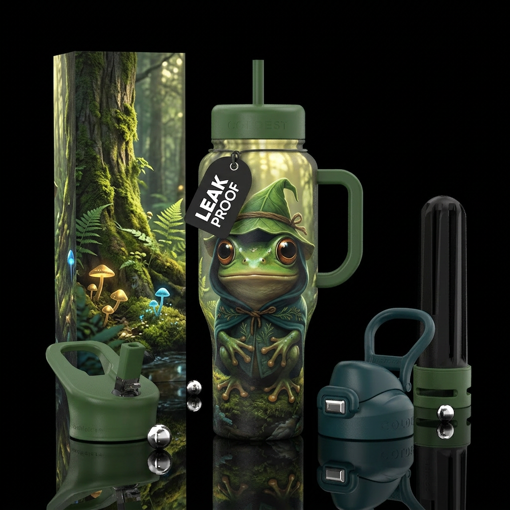 high-detail macro shot of a cute fantasy creature—... water bottle design