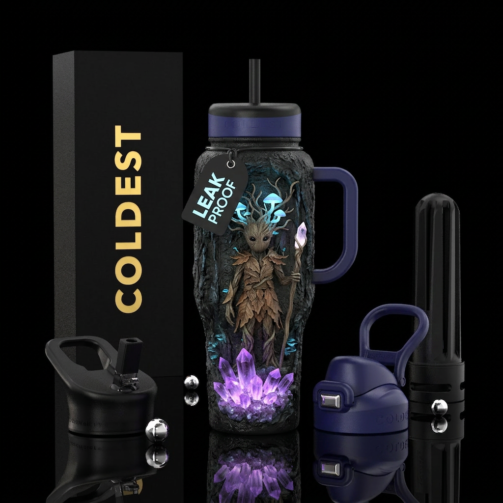 small, humanoid forest guardian made of organic ma... water bottle design