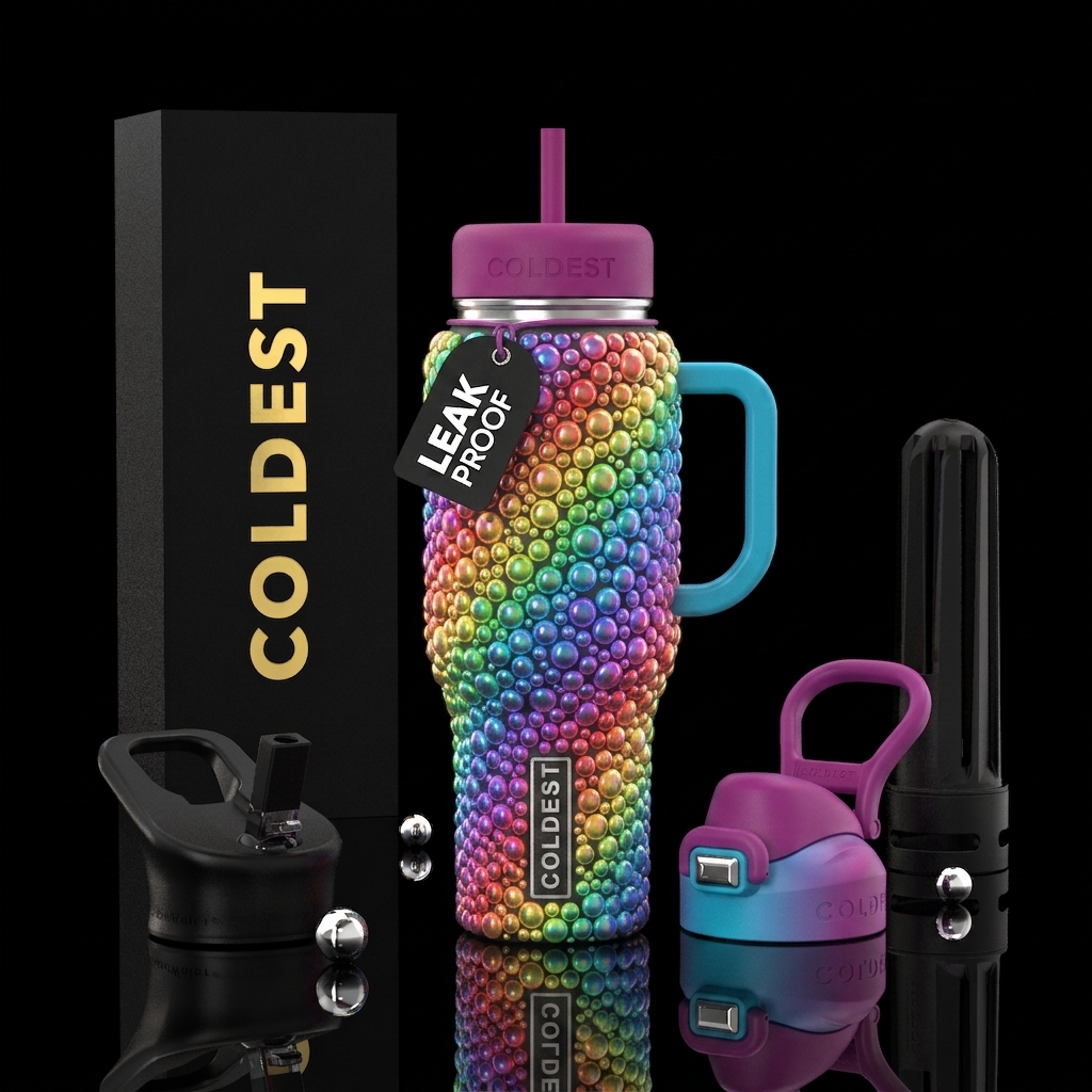 Rainbow bubbles, glowie, glossy, trompe-l'œil water bottle design
