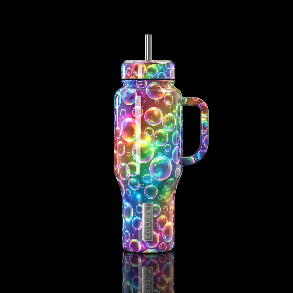 Rainbow bubbles, glowie, glossy, trompe-l'œil water bottle design