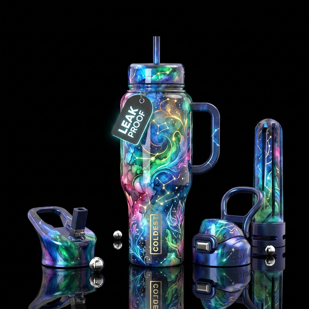 Watercolor, glowie, glossy, trompe-l'œil, fantasy water bottle design