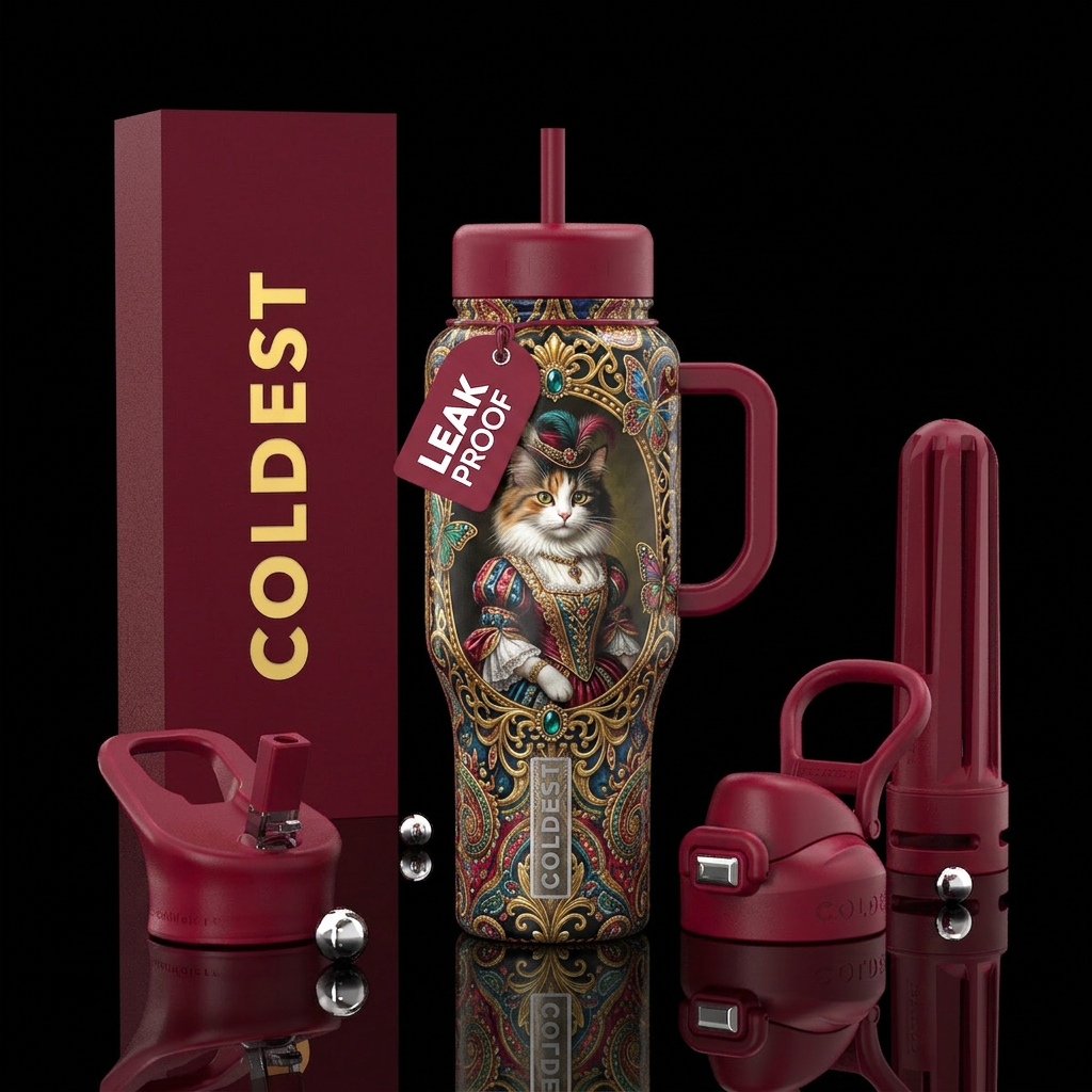 Victorian style,cat,glossy, trompe-l'œil water bottle design