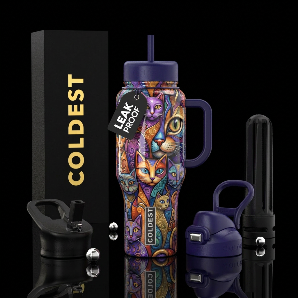Abstract cat,glossy, trompe-l'œil water bottle design