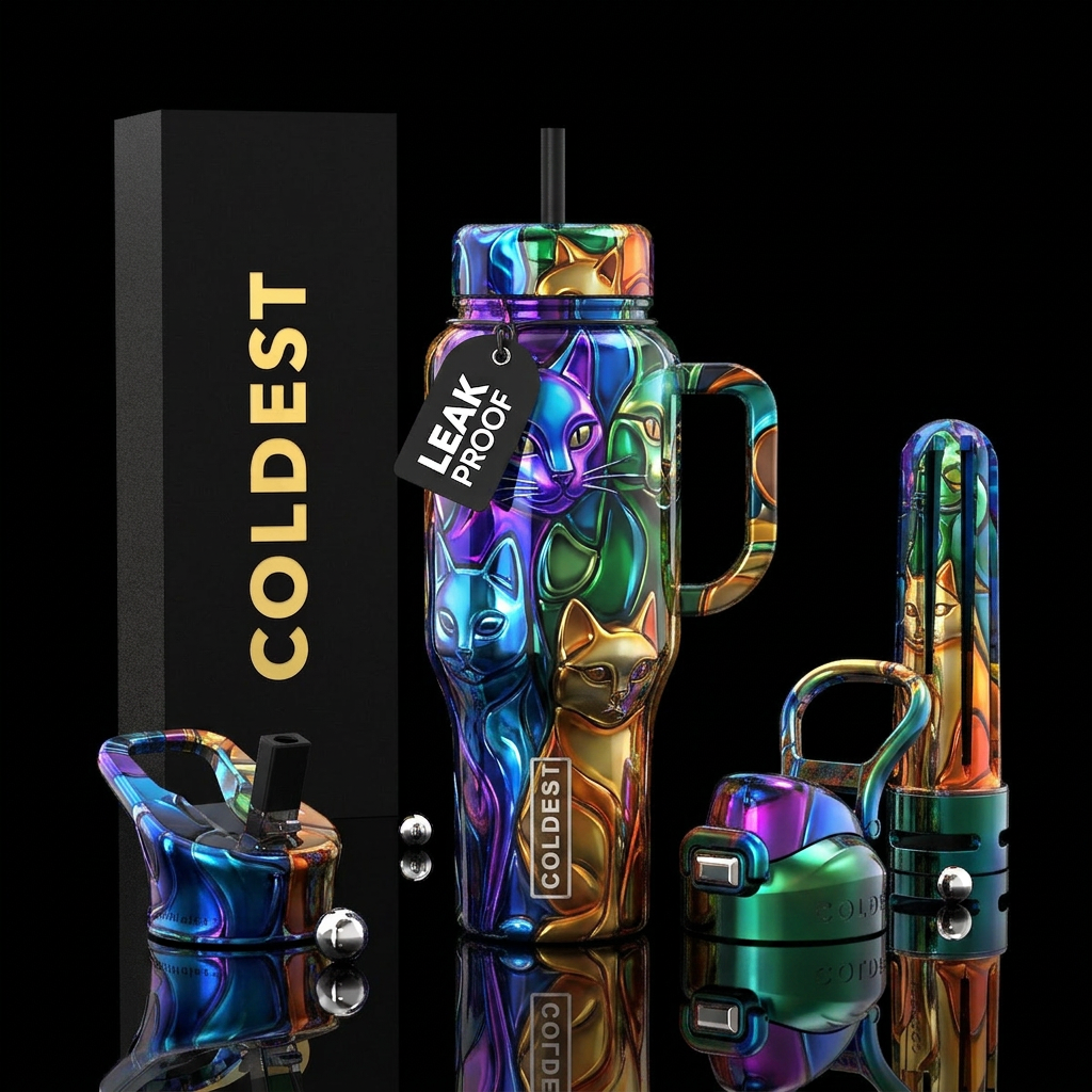 Abstract cat,glossy, trompe-l'œil water bottle design