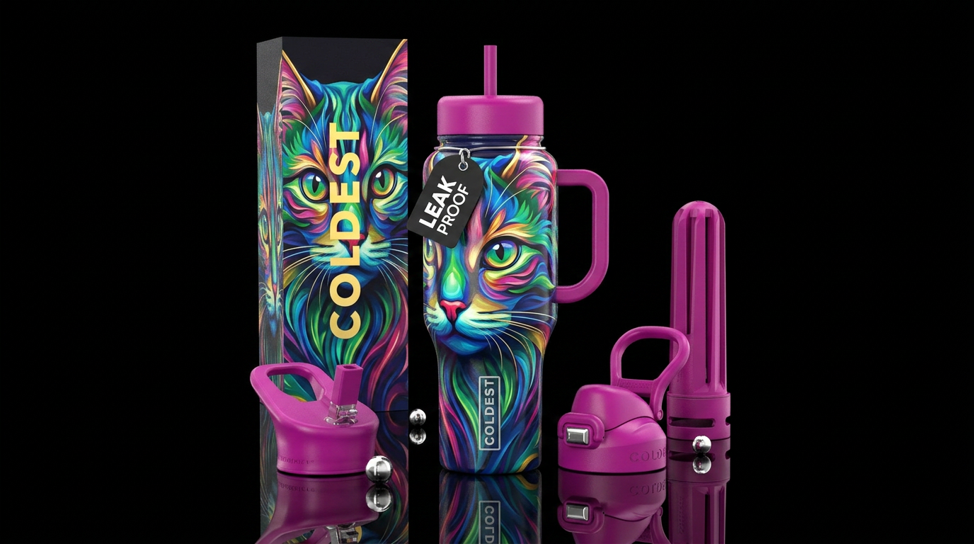 Abstract cat,glossy, trompe-l'œil water bottle design