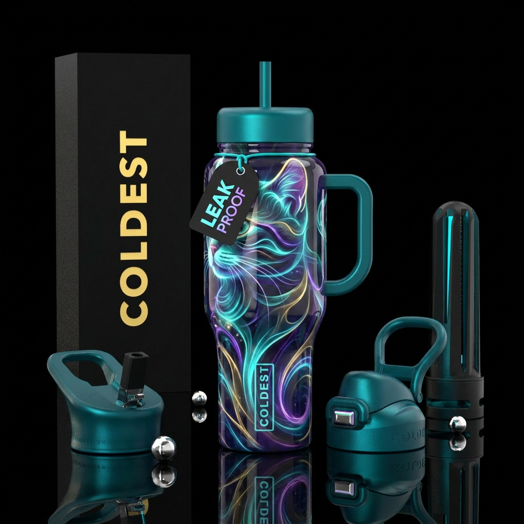Abstract cat,glossy, trompe-l'œil ,glowie water bottle design