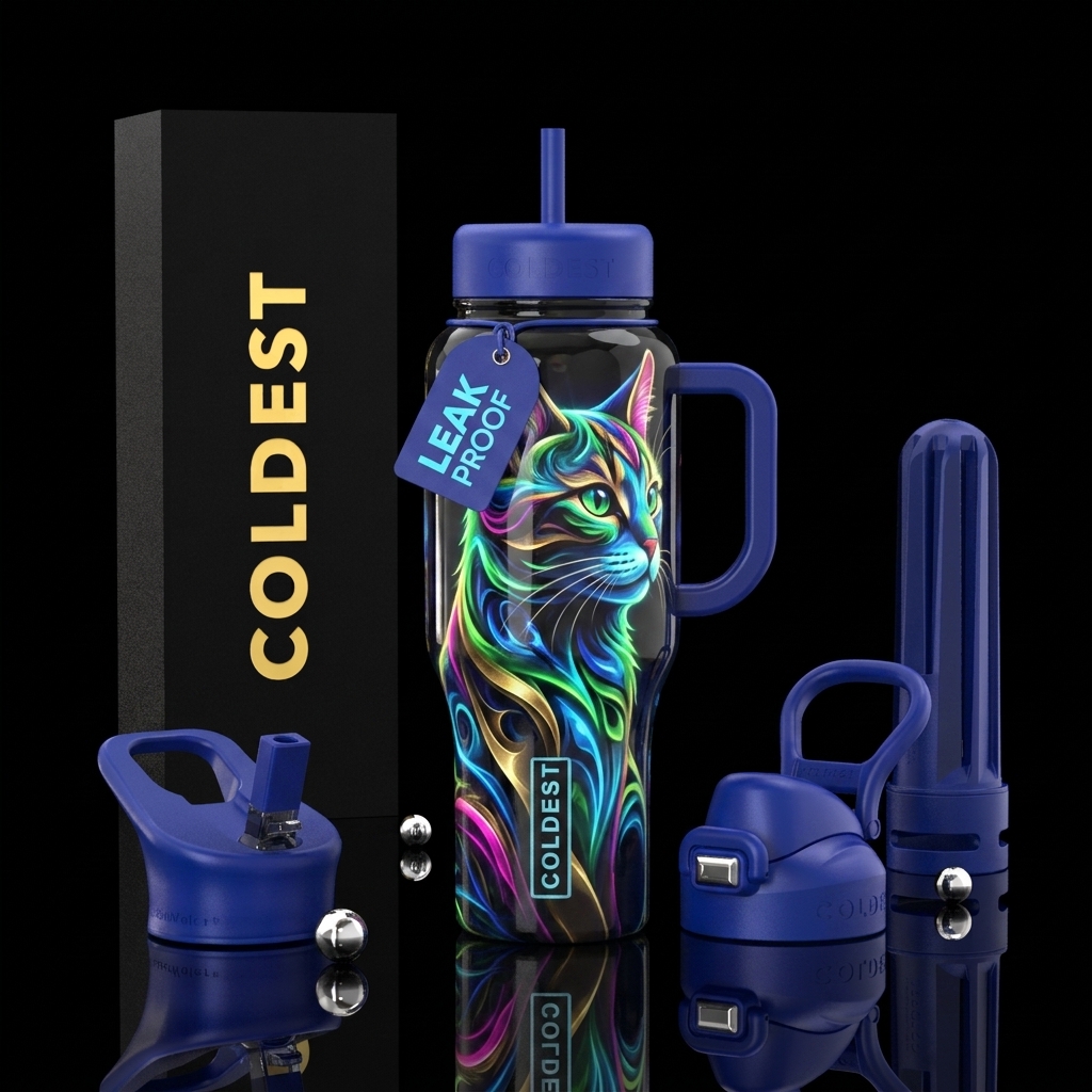 Abstract cat,glossy, trompe-l'œil ,glowie water bottle design