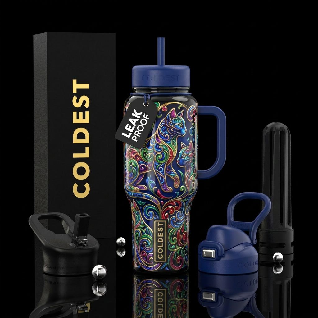 Filigree cat, glossy water bottle design