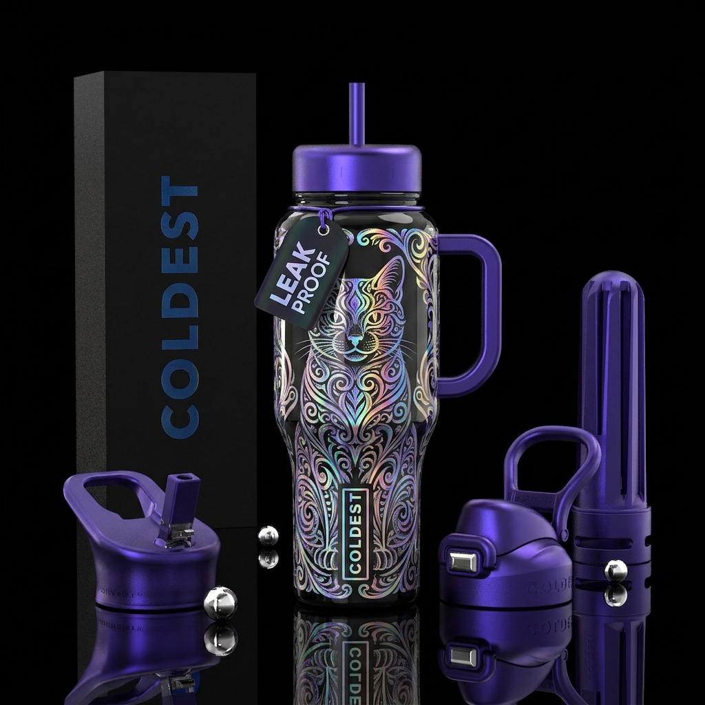 Filigree cat, holographic, glossy water bottle design