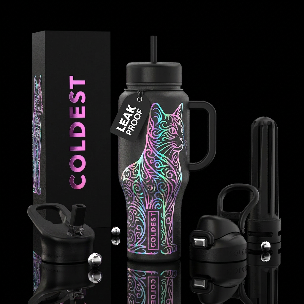 Filigree cat, holographic,minimalist, glossy water bottle design