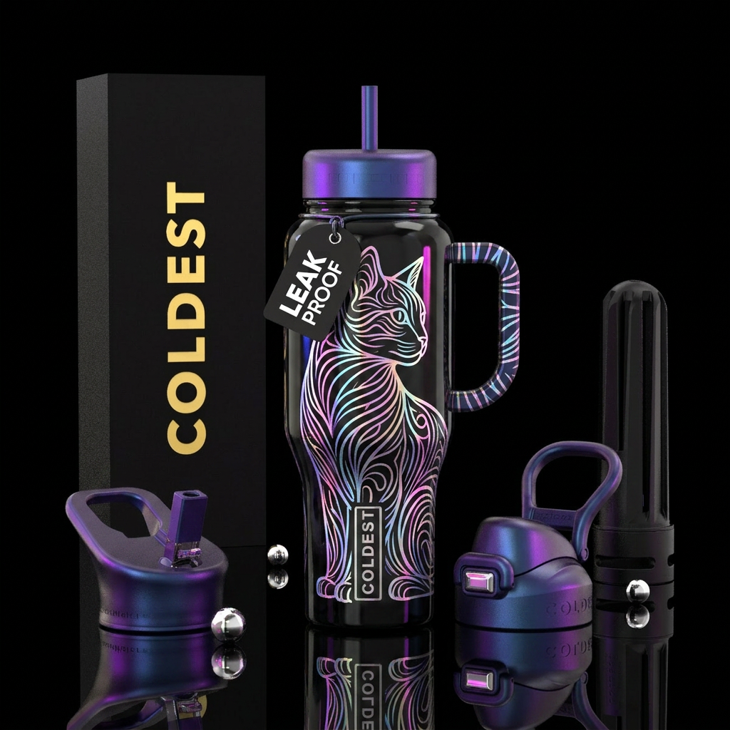 Filigree cat, holographic,minimalist, glossy water bottle design