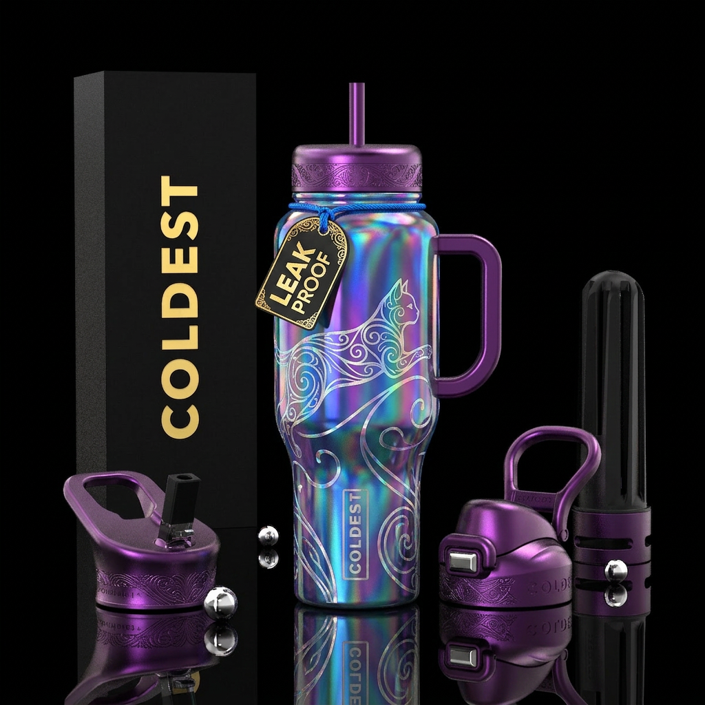 Filigree cat, holographic,minimalist, glossy water bottle design