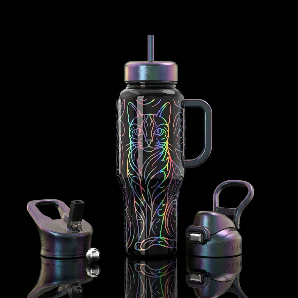 Filigree cat, holographic,minimalist, glossy water bottle design