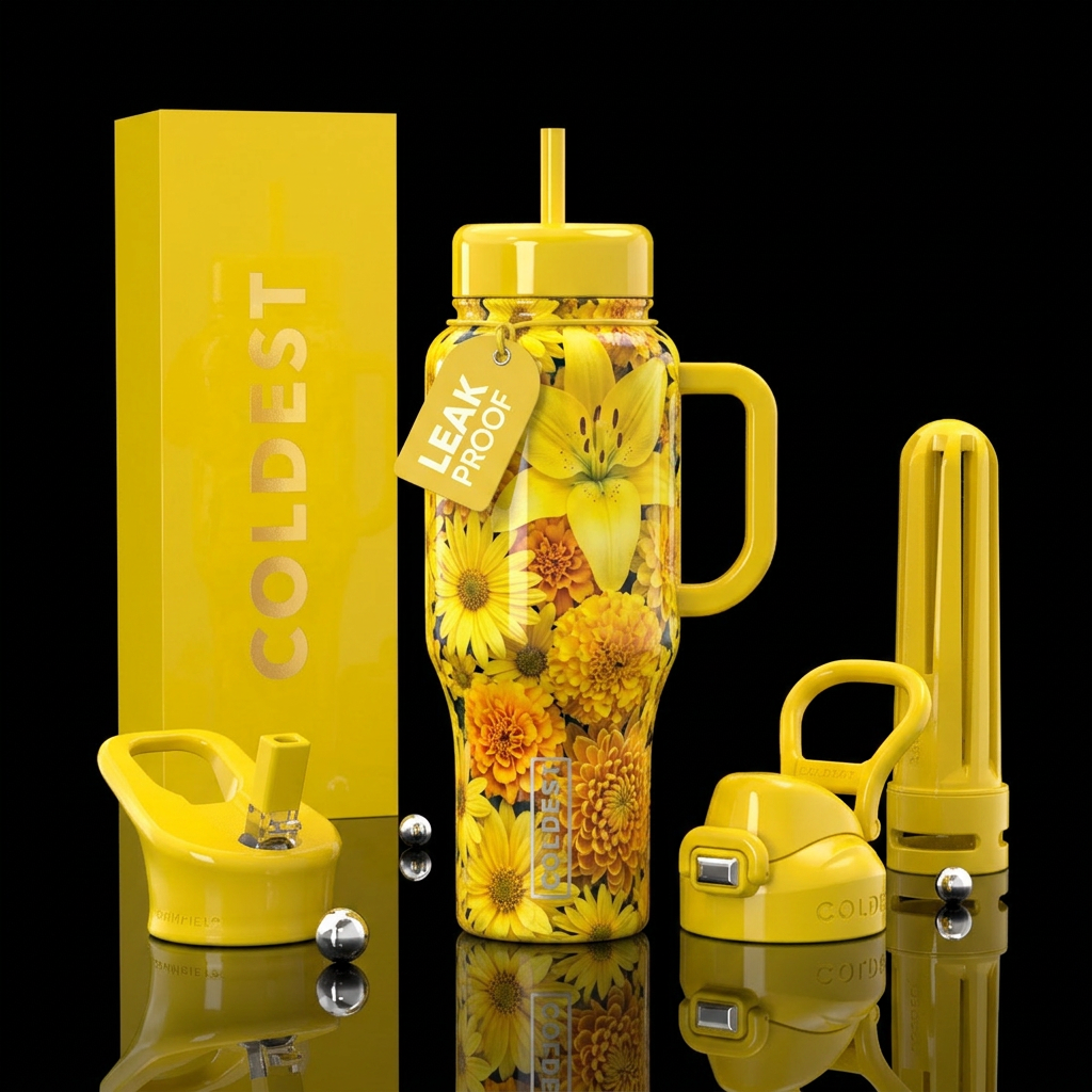 Yellow lilies yellow dasies yellow marigolds yello... water bottle design
