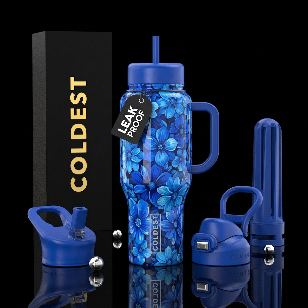 Blue all blue flowers, glossy water bottle design