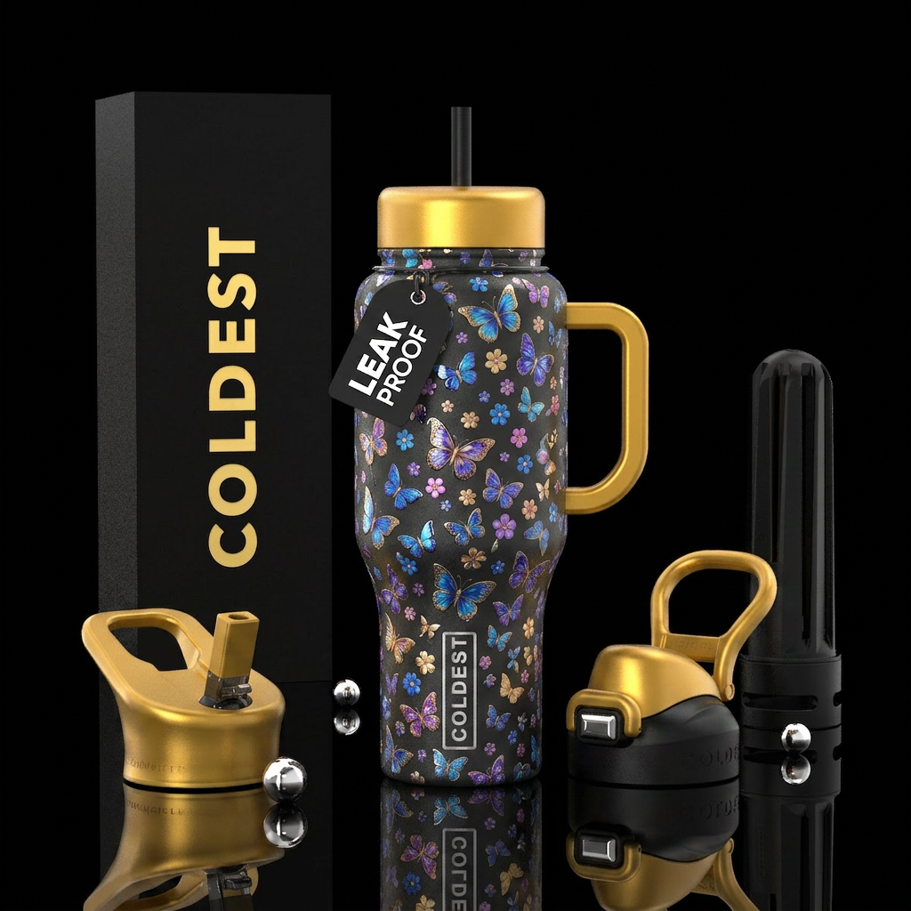 Tiny flowers tiny butterflies,, glossy, trompe-l'œ... water bottle design