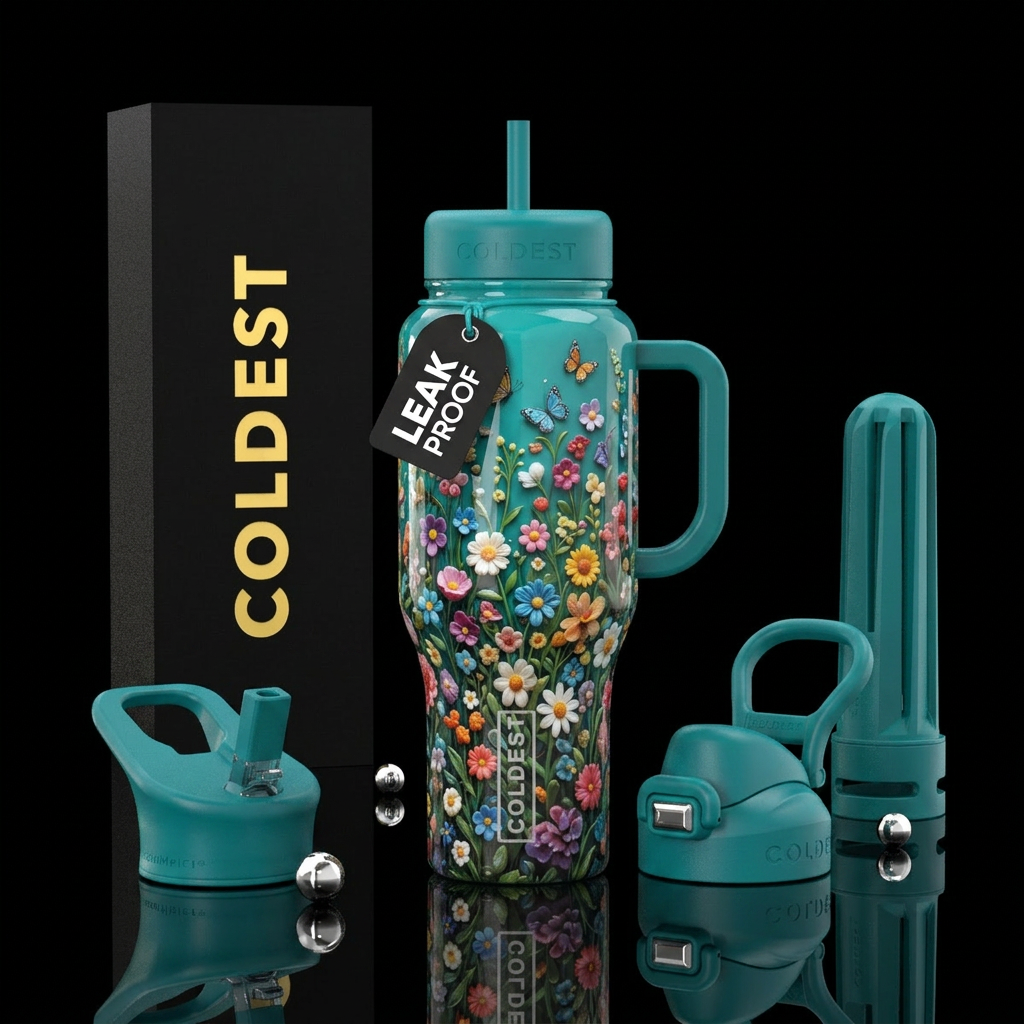 Tiny flowers tiny butterflies,, glossy, trompe-l'œ... water bottle design