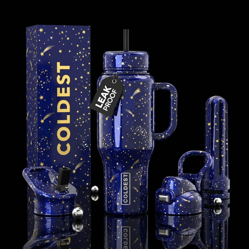 Tiny stars tiny comets,, glossy, trompe-l'œil water bottle design