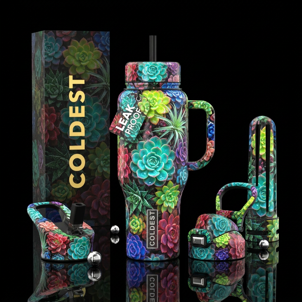Eye popping succulents,vibrant, vivid, glossy, glo... water bottle design