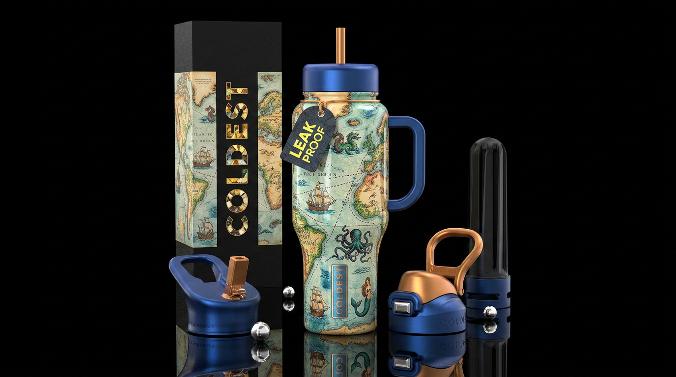 Old seamap showing continents and old ships sailin... water bottle design
