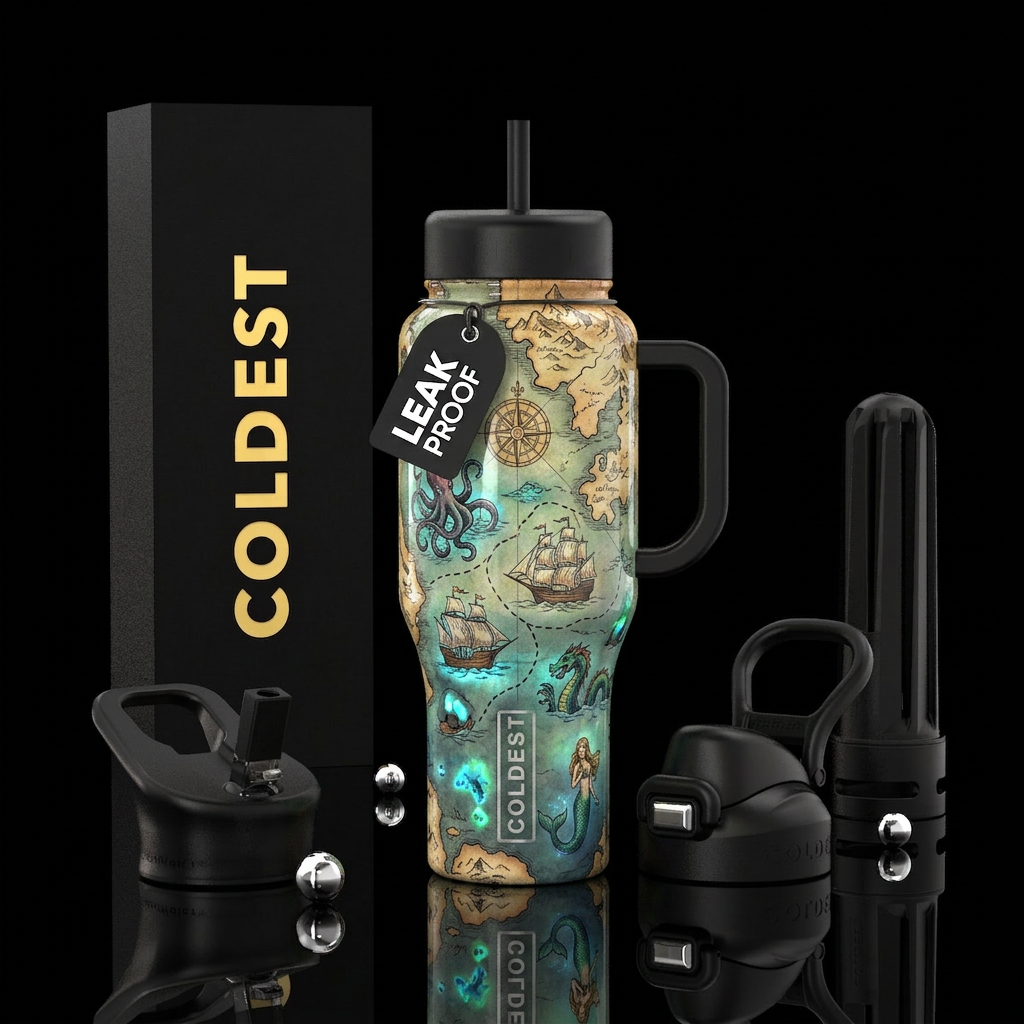 Old seamap showing continents and old ships sailin... water bottle design